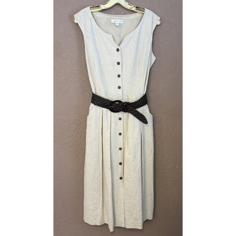 Coldwater Creek Beige Linen Sleeveless Midi Lined Shirt‎ Dress W Braided Belt 10